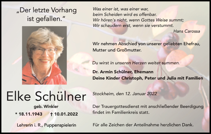  Traueranzeige für Elke Schülner vom 12.01.2022 aus MGO