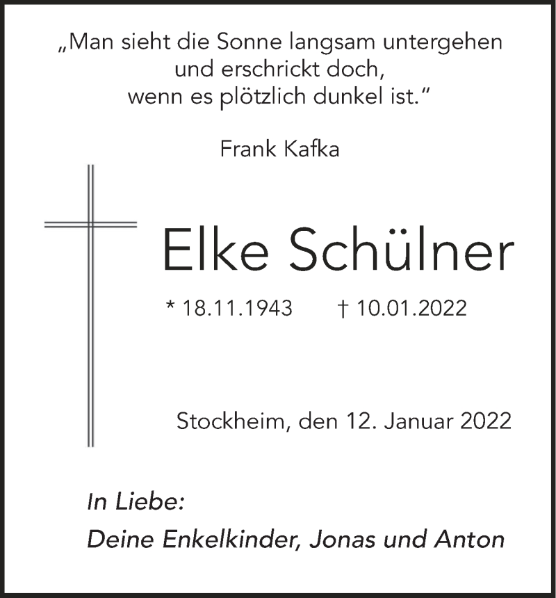  Traueranzeige für Elke Schülner vom 12.01.2022 aus MGO