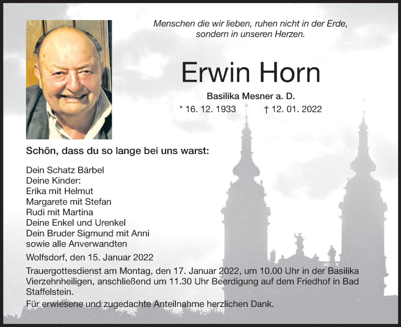  Traueranzeige für Erwin Horn vom 15.01.2022 aus MGO