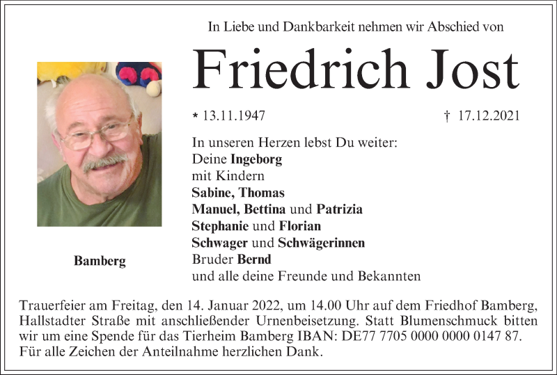  Traueranzeige für Friedrich Jost vom 08.01.2022 aus MGO