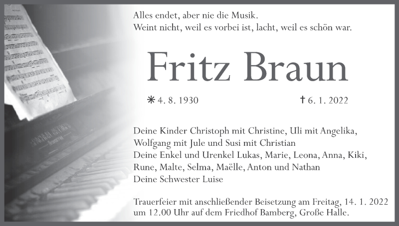  Traueranzeige für Fritz Braun vom 11.01.2022 aus MGO