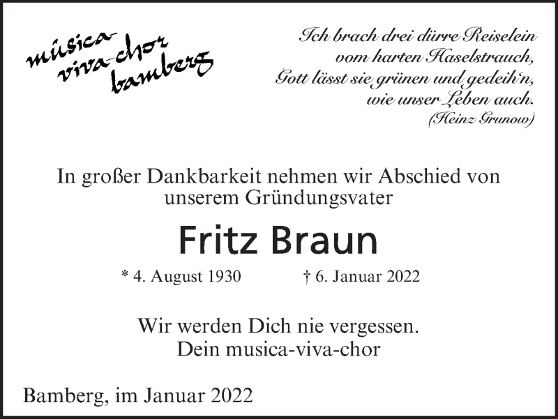  Traueranzeige für Fritz Braun vom 15.01.2022 aus MGO