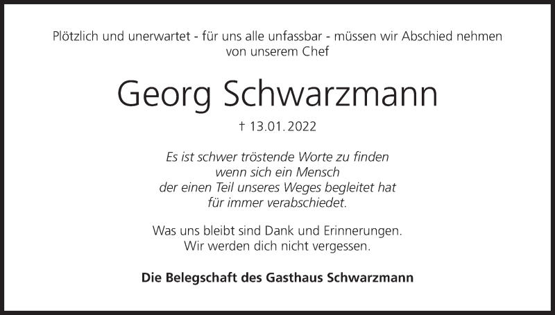  Traueranzeige für Georg Schwarzmann vom 18.01.2022 aus MGO