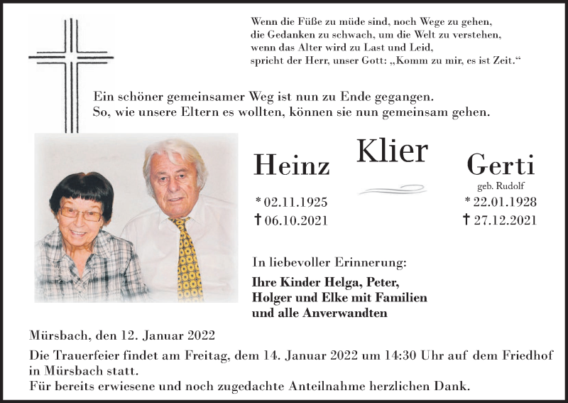  Traueranzeige für Gerti Klier vom 12.01.2022 aus MGO