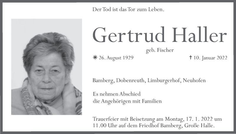  Traueranzeige für Gertrud Haller vom 15.01.2022 aus MGO