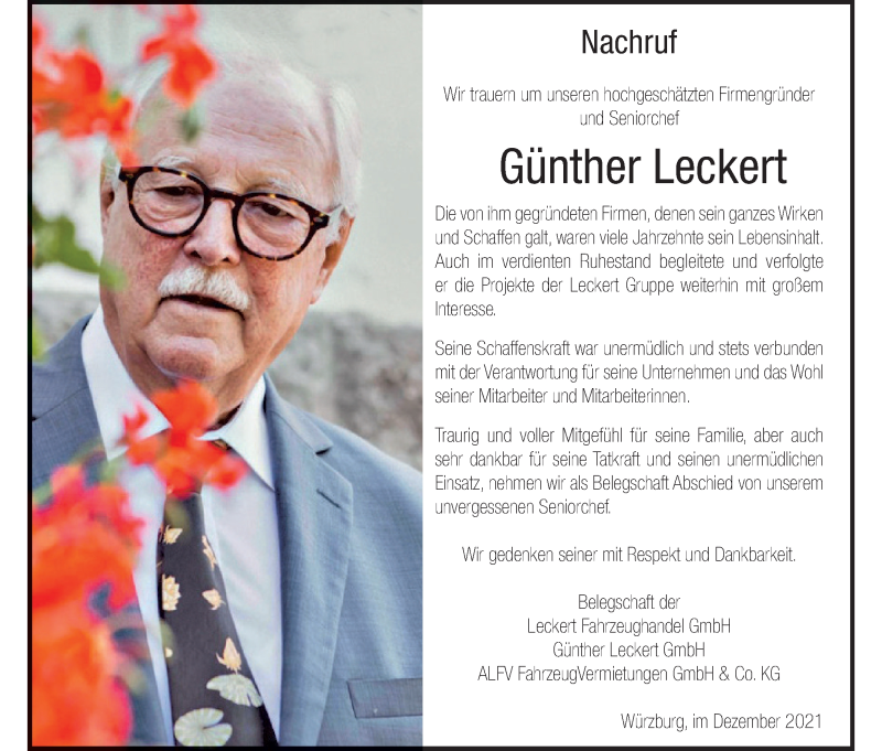  Traueranzeige für Günther Leckert vom 05.01.2022 aus MGO