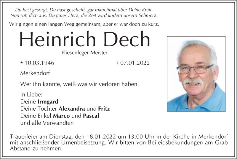  Traueranzeige für Heinrich Dech vom 14.01.2022 aus MGO