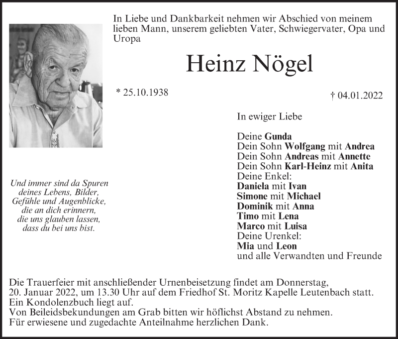  Traueranzeige für Heinz Nögel vom 15.01.2022 aus MGO