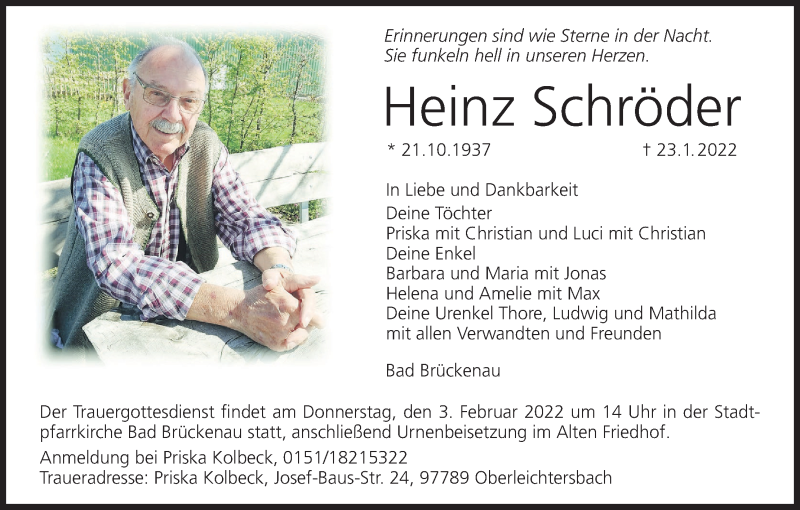  Traueranzeige für Heinz Schröder vom 27.01.2022 aus MGO
