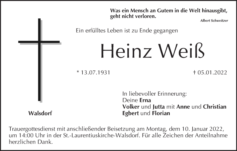  Traueranzeige für Heinz Weiß vom 08.01.2022 aus MGO