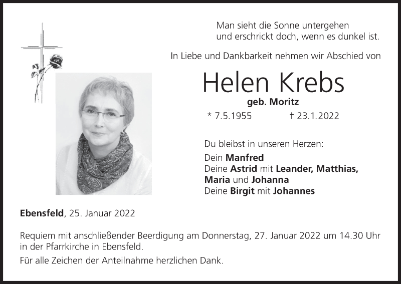  Traueranzeige für Helen Krebs vom 25.01.2022 aus MGO