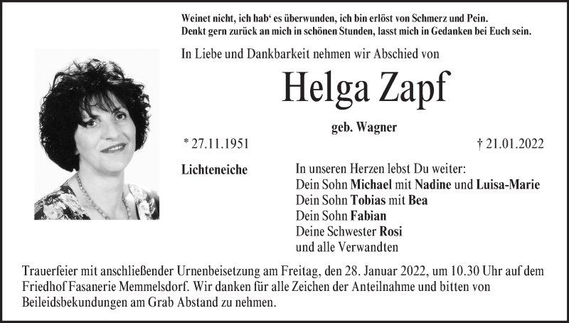  Traueranzeige für Helga Zapf vom 25.01.2022 aus MGO