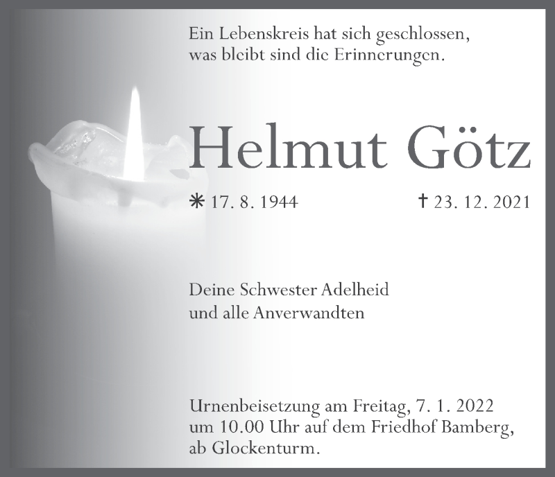  Traueranzeige für Helmut Götz vom 06.01.2022 aus MGO