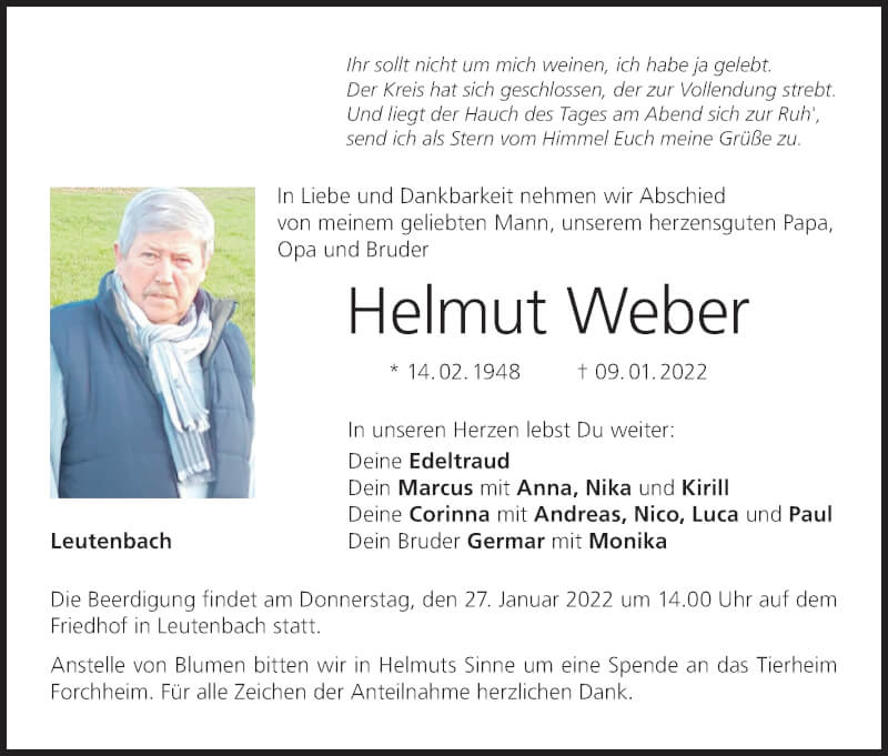  Traueranzeige für Helmut Weber vom 22.01.2022 aus MGO