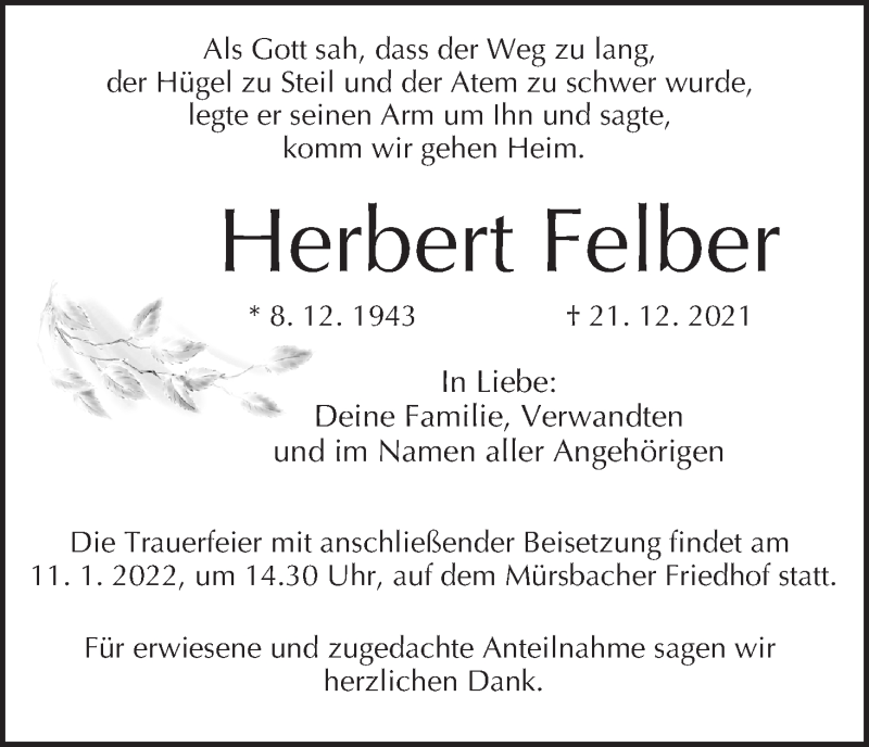  Traueranzeige für Herbert Felber vom 08.01.2022 aus MGO