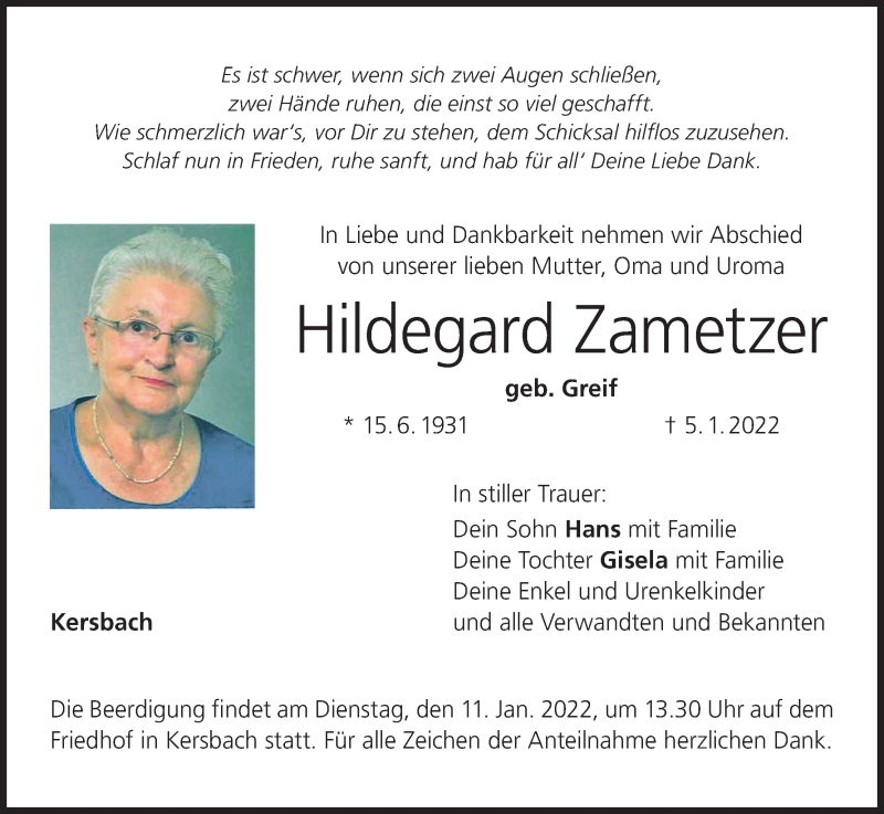  Traueranzeige für Hildegard Zametzer vom 08.01.2022 aus MGO