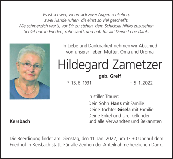Anzeige von Hildegard Zametzer von MGO