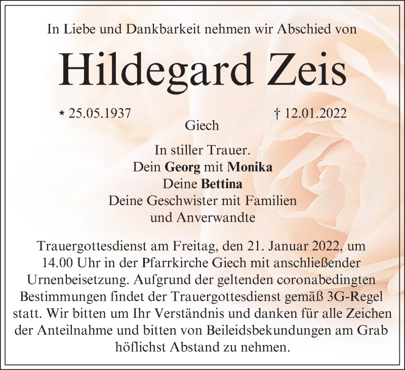  Traueranzeige für Hildegard Zeis vom 15.01.2022 aus MGO