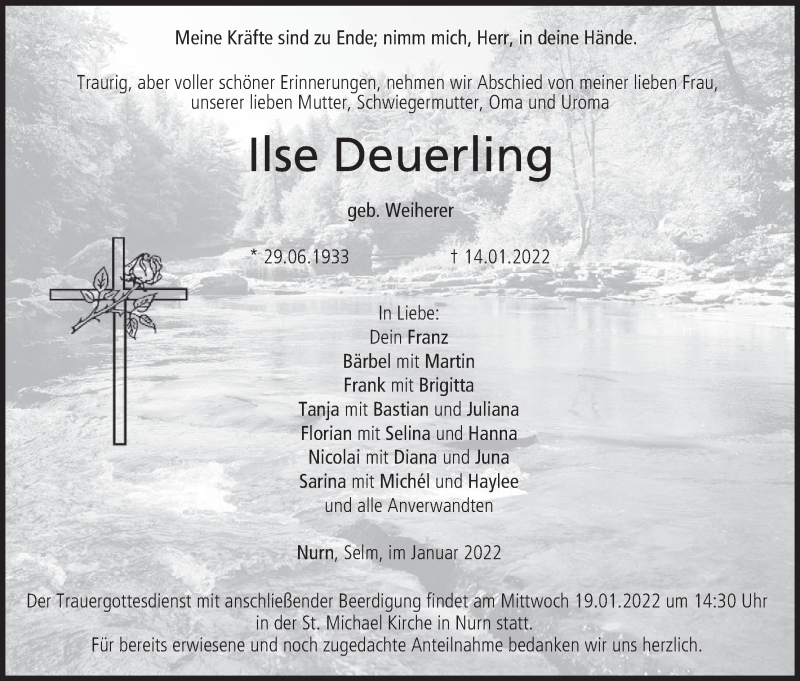  Traueranzeige für Ilse Deuerling vom 18.01.2022 aus MGO