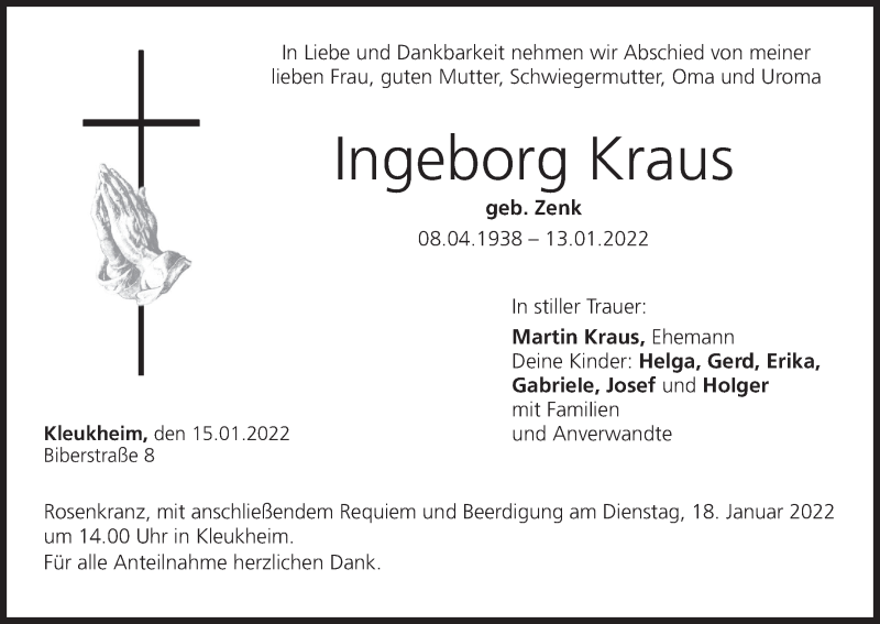  Traueranzeige für Ingeborg Kraus vom 15.01.2022 aus MGO