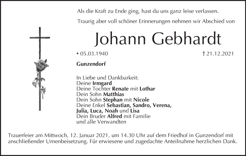  Traueranzeige für Johann Gebhardt vom 08.01.2022 aus MGO