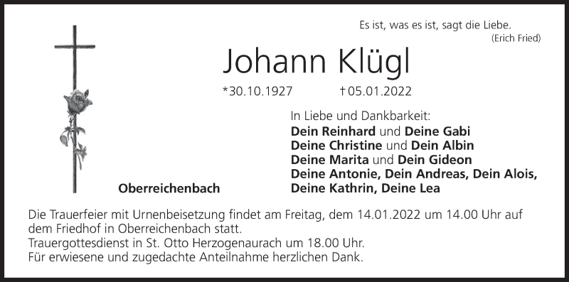  Traueranzeige für Johann Klügl vom 11.01.2022 aus MGO