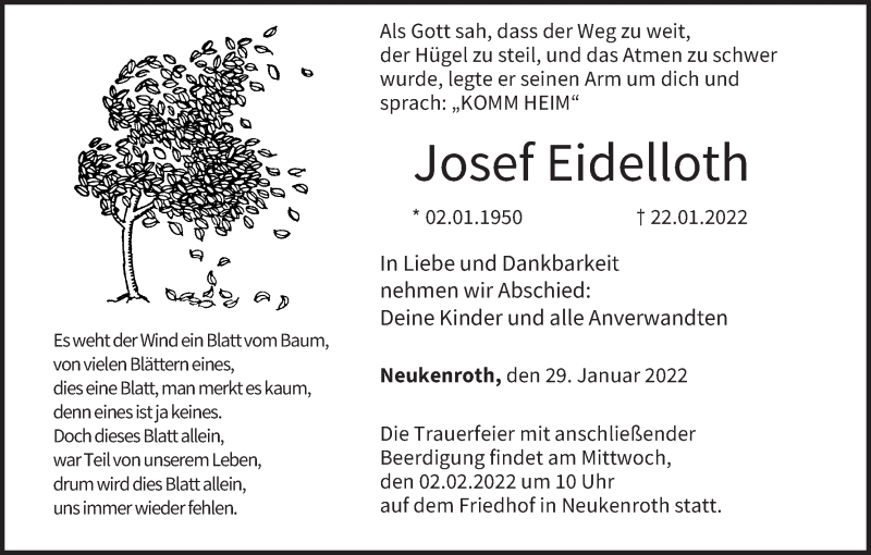  Traueranzeige für Josef Eidelloth vom 29.01.2022 aus MGO