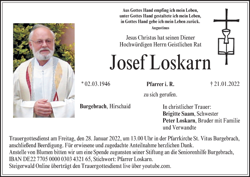  Traueranzeige für Josef Loskarn vom 25.01.2022 aus MGO