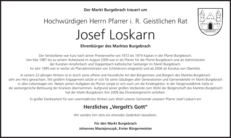  Traueranzeige für Josef Loskarn vom 26.01.2022 aus MGO