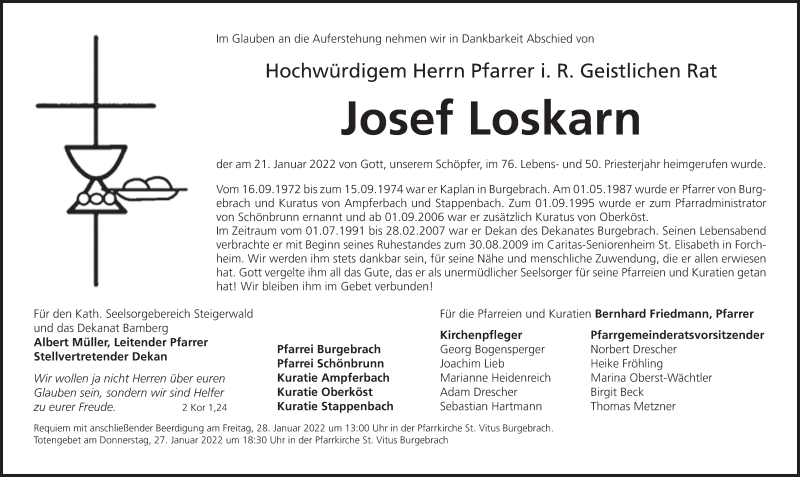  Traueranzeige für Josef Loskarn vom 26.01.2022 aus MGO