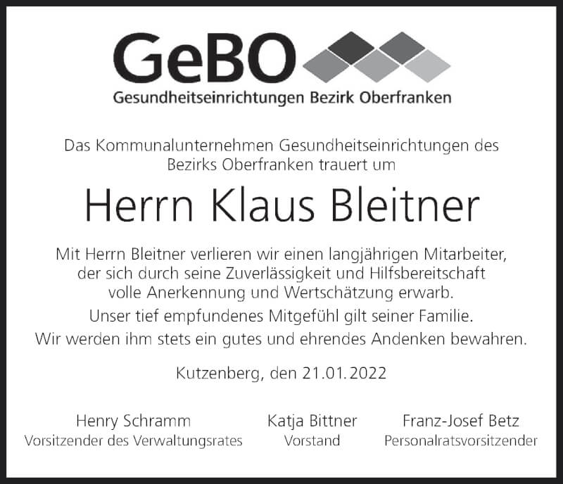  Traueranzeige für Klaus Bleitner vom 22.01.2022 aus MGO