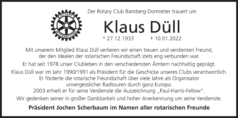  Traueranzeige für Klaus Düll vom 15.01.2022 aus MGO