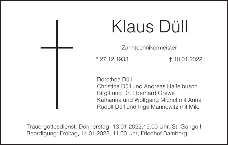  Traueranzeige für Klaus Düll vom 12.01.2022 aus MGO