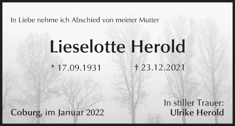  Traueranzeige für Lieselotte Herold vom 08.01.2022 aus MGO