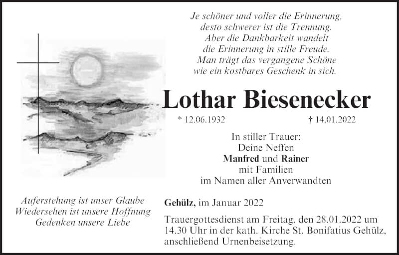  Traueranzeige für Lothar Biesenecker vom 22.01.2022 aus MGO