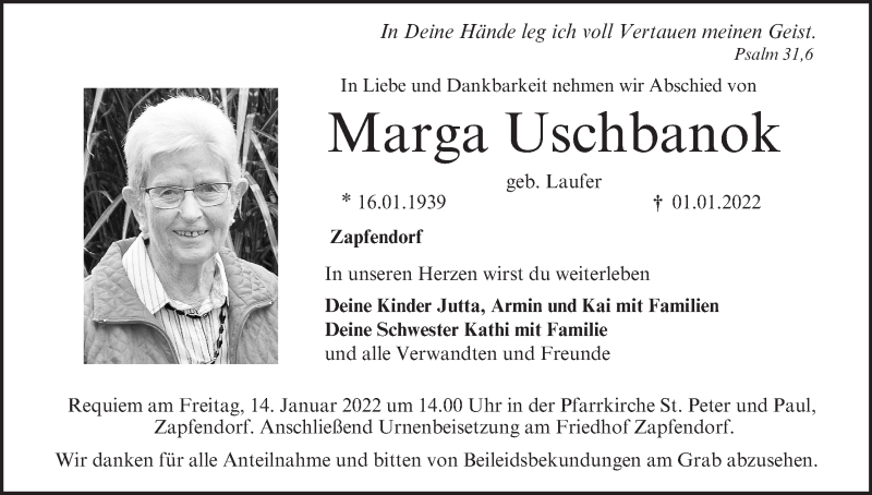  Traueranzeige für Marga Uschbanok vom 08.01.2022 aus MGO