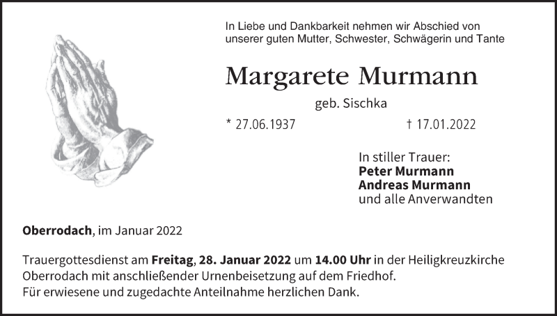  Traueranzeige für Margarete Murmann vom 25.01.2022 aus MGO