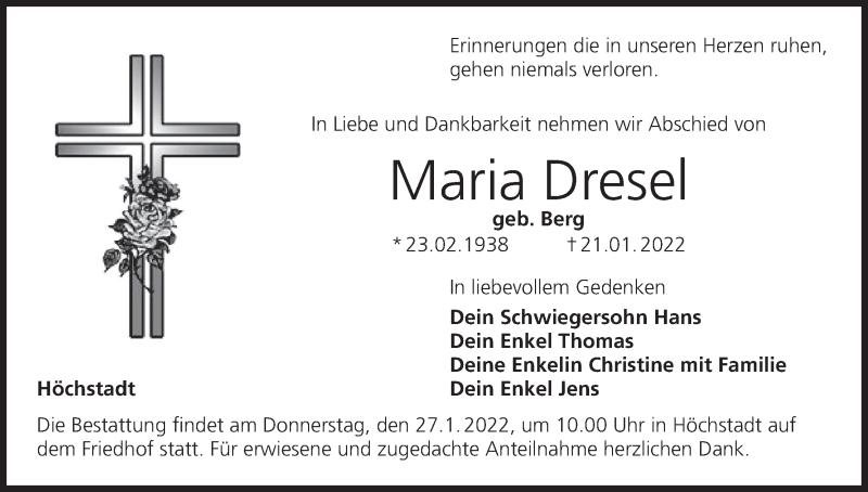  Traueranzeige für Maria Dresel vom 26.01.2022 aus MGO