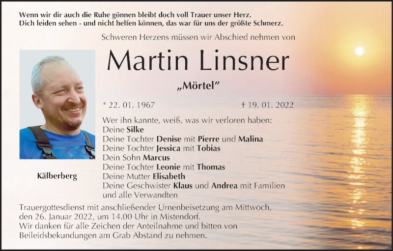  Traueranzeige für Martin  Linsner vom 22.01.2022 aus MGO