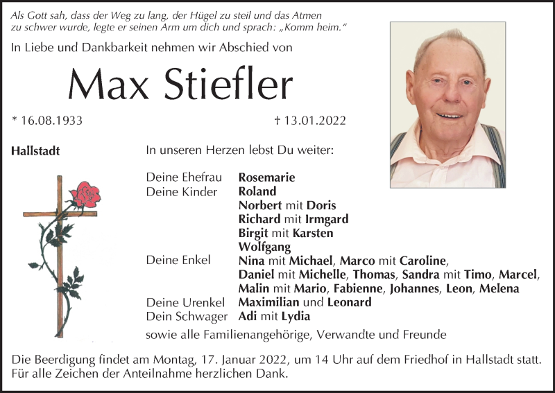  Traueranzeige für Max Stiefler vom 15.01.2022 aus MGO
