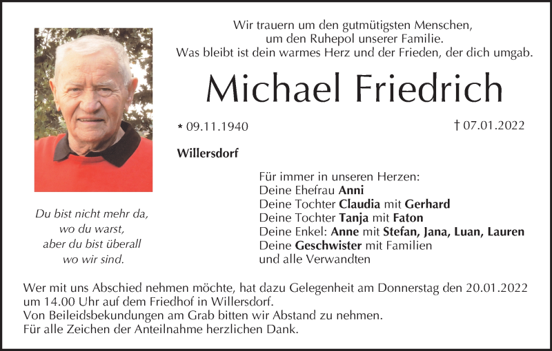  Traueranzeige für Michael Friedrich vom 15.01.2022 aus MGO