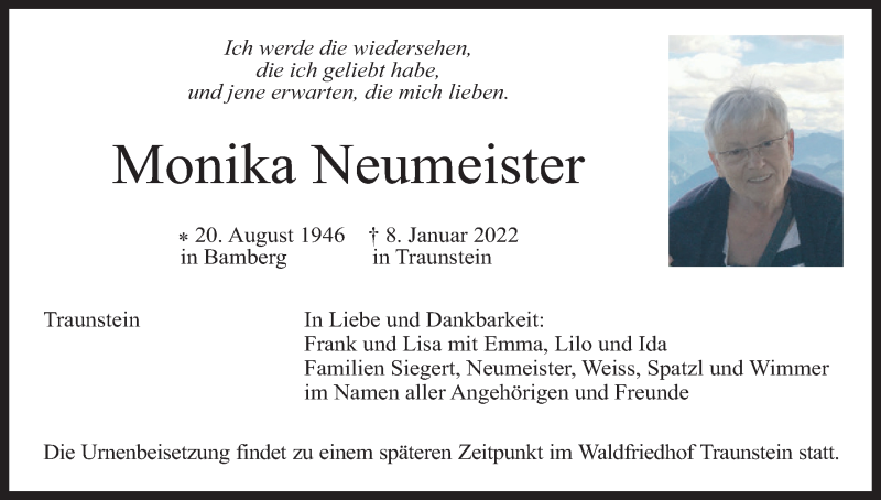  Traueranzeige für Monika Neumeister vom 15.01.2022 aus MGO