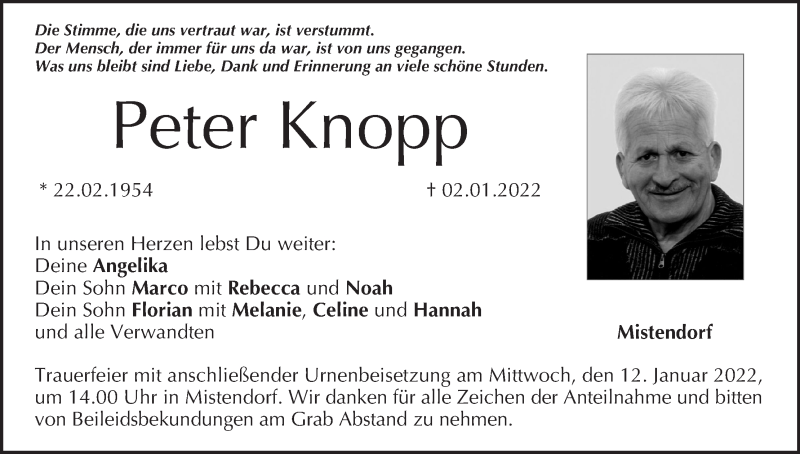  Traueranzeige für Peter Knopp vom 08.01.2022 aus MGO