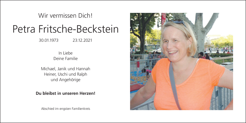 Traueranzeige für Petra Fritsche-Beckstein vom 31.12.2021 aus MGO