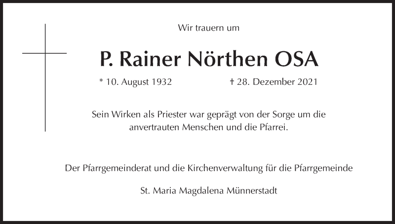  Traueranzeige für Rainer Nörthen vom 03.01.2022 aus MGO