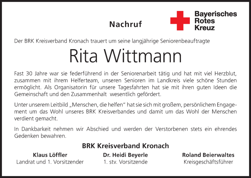  Traueranzeige für Rita Wittmann vom 25.01.2022 aus MGO