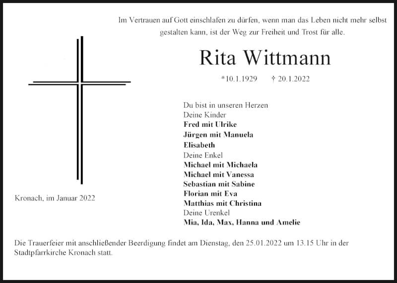  Traueranzeige für Rita Wittmann vom 22.01.2022 aus MGO