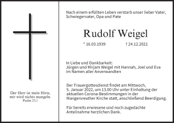 Anzeige von Rudolf Weigel von MGO