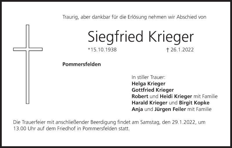  Traueranzeige für Siegfried Krieger vom 28.01.2022 aus MGO