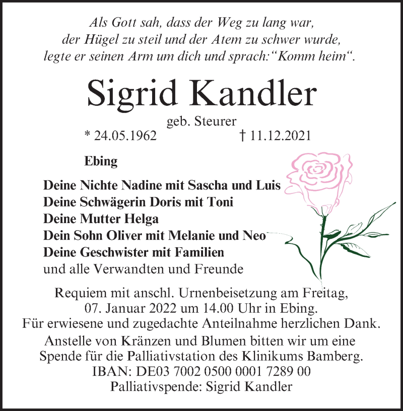  Traueranzeige für Sigrid Kandler vom 03.01.2022 aus MGO